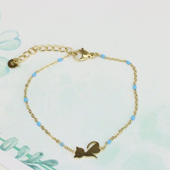 Chic Yellow Gold Cat Bracelet with Blue Beads, XPBL0622 - Picture 3 of 12